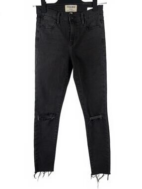 FRAME Le High Skinny Jeans Black Distressed Ripped Knee Raw Hem Size 25